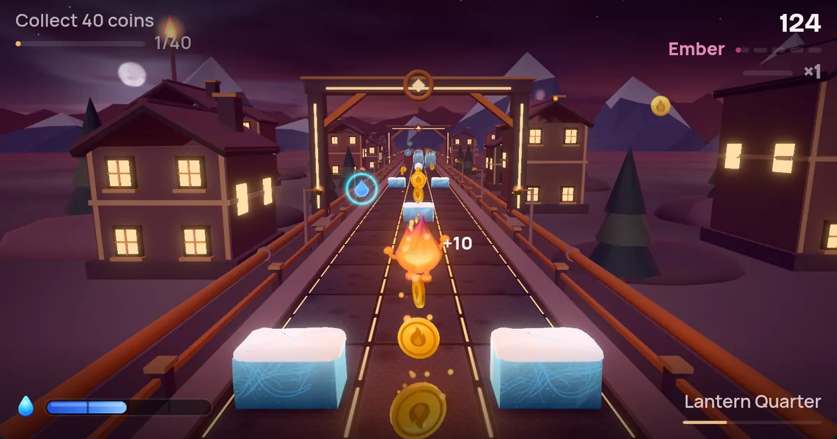 Flame Dash gameplay: the flame jumps along a trail of coins between two ice blocks in a lantern-lit town
